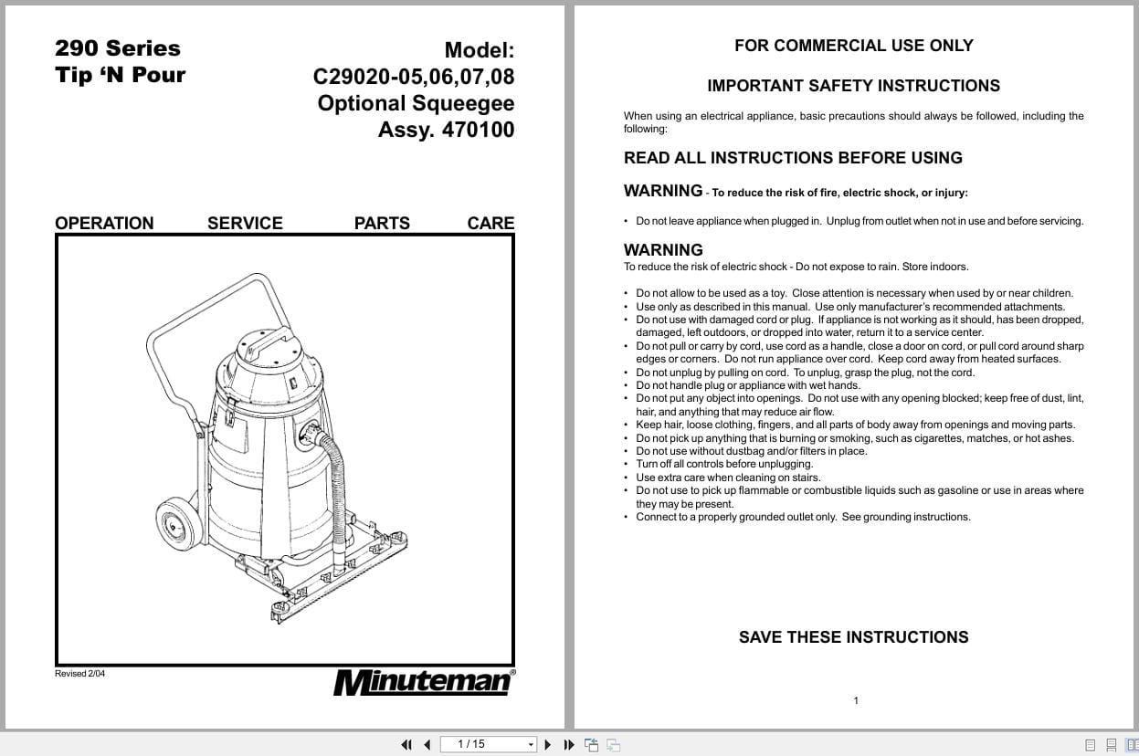 Minuteman Tank Vacuums C29020 Operation Service Parts 987208 2004 (1)