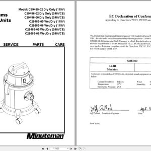 Minuteman Tank Vacuums C29485 C29486 C29685 C29686 Operation Service Parts 987214 2003 (1)