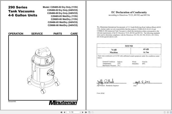 Minuteman Tank Vacuums C29485 C29486 C29685 C29686 Operation Service Parts 987214 2003 (1)