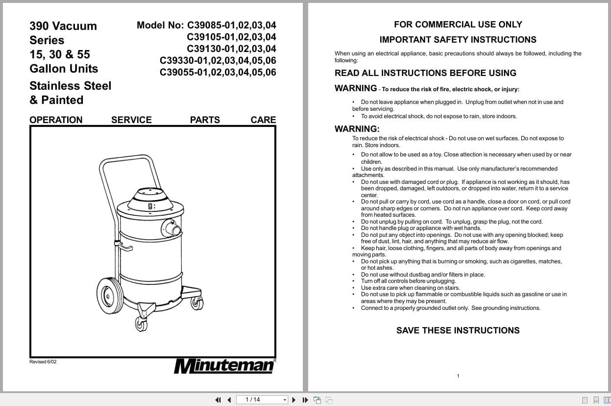 Minuteman Tank Vacuums C39085 C39105 C39130 C39330 C39055 Operation Service Parts 987312 (1)
