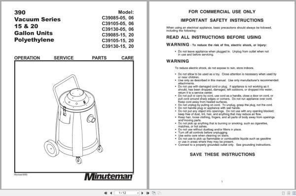 Minuteman Tank Vacuums C39085 C39105 C39130 Operation Service Parts 987316 (1)