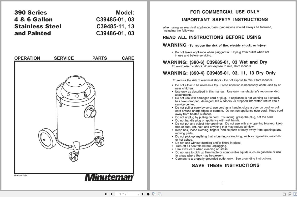 Minuteman Tank Vacuums C39485 C39486 Operation Service Parts 987307 (1)