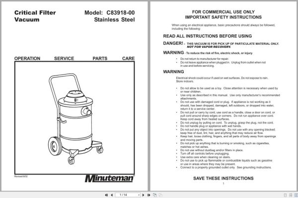 Minuteman Vacuum C83918 00 Stainless Steel Operation Service Parts 987846 2 2002 (1)
