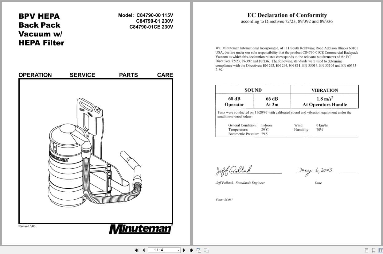 Minuteman Vacuum C84790 00 C84790 01 C84790 01CE Operation Service Parts 987247 2003 (1)