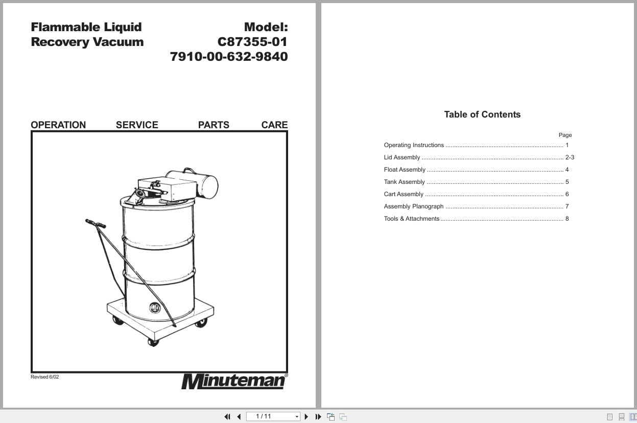 Minuteman Vacuum C87355 01 7910 00 632 9840 Operation Service Parts 987853 2002 (1)