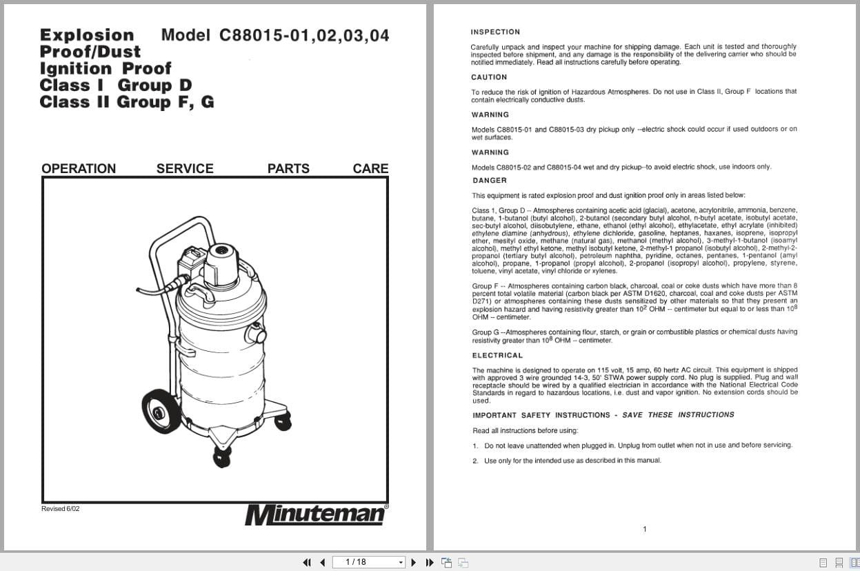 Minuteman Vacuum C88015 01 To C88015 04 Operation Service Parts 987845 2002 (1)