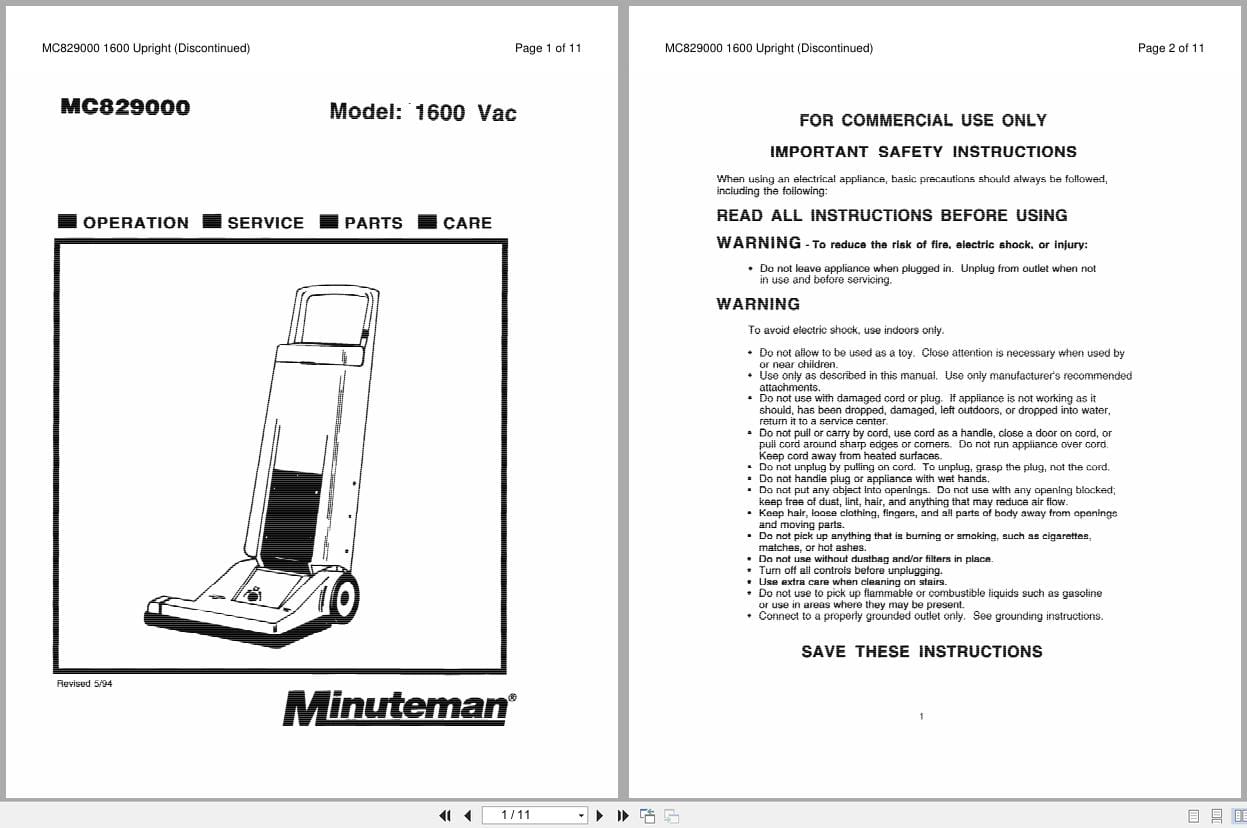 Minuteman Vacuum MC829000 1600 Vac Operation Service Parts Care 985724 (1)