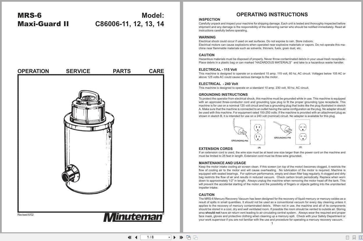 Minuteman Vacuum MRS 6 Maxi Guard II C86006 Operation Service Parts 987844 2002 (1)