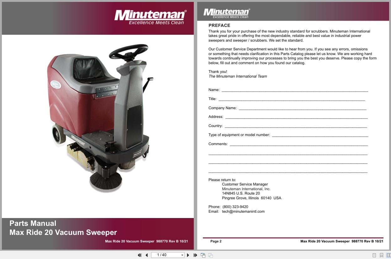 Minuteman Vacuum Sweeper Max Ride 20 MR20SW MR20SWQP Parts Manual 988770 (1)