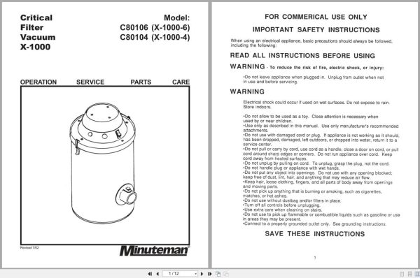 Minuteman Vacuum X 1000 C80106 C80104 Operation Service Parts 987809 2002 (1) Minuteman Vacuum X 1000 C80106 C80104 Operation Service Parts 987809 2002 (1)