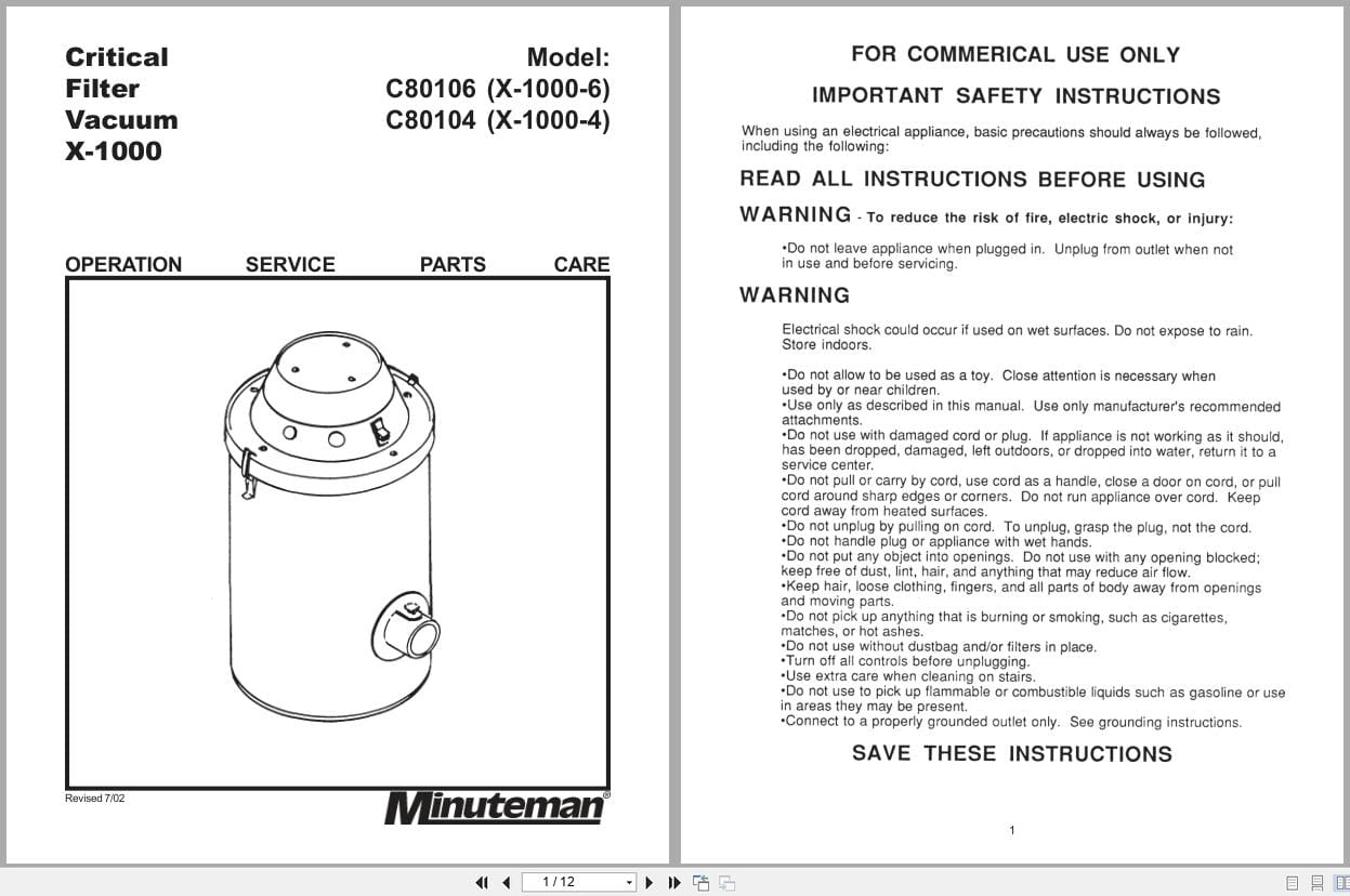 Minuteman Vacuum X 1000 C80106 C80104 Operation Service Parts 987809 2002 (1)
