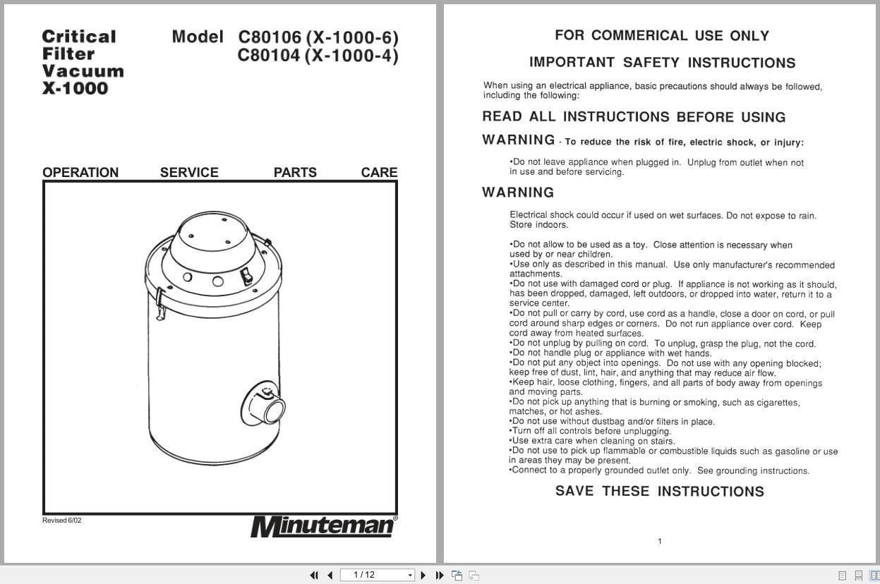 Minuteman Vacuum X 1000 C80106 C80104 Operation Service Parts Care 987809 2002 (1)
