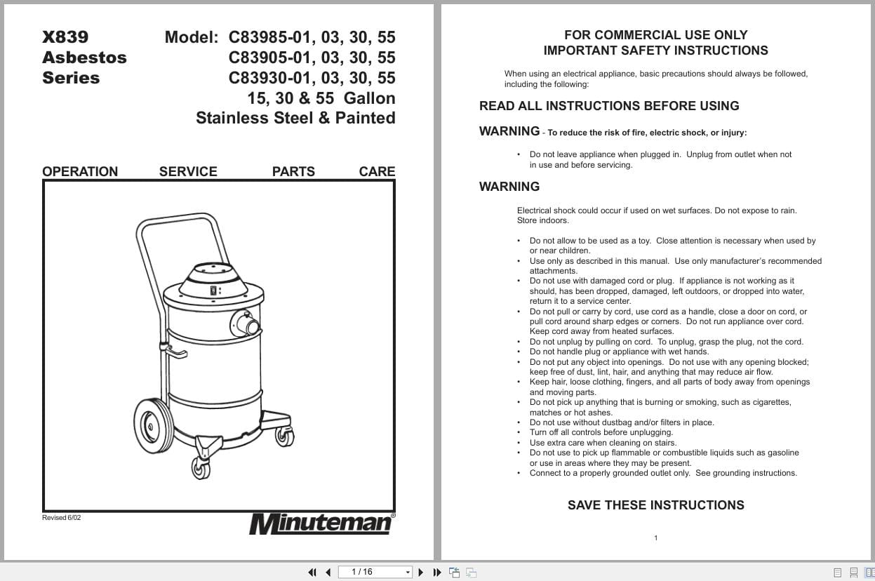 Minuteman Vacuum X839 C83985 C83905 C83930 Operation Service Parts Care 987846 2002 (1)