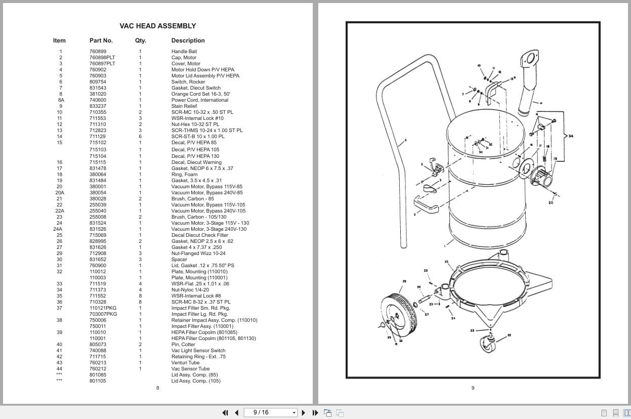 Minuteman Vacuum X839 C83985 C83905 C83930 Operation Service Parts Care 987846 2002 (2)