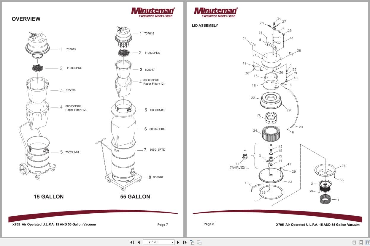Minuteman Vacuums X705 C87515 03 C87555 01 Parts And Instruction Manual 988724 2017 (2)