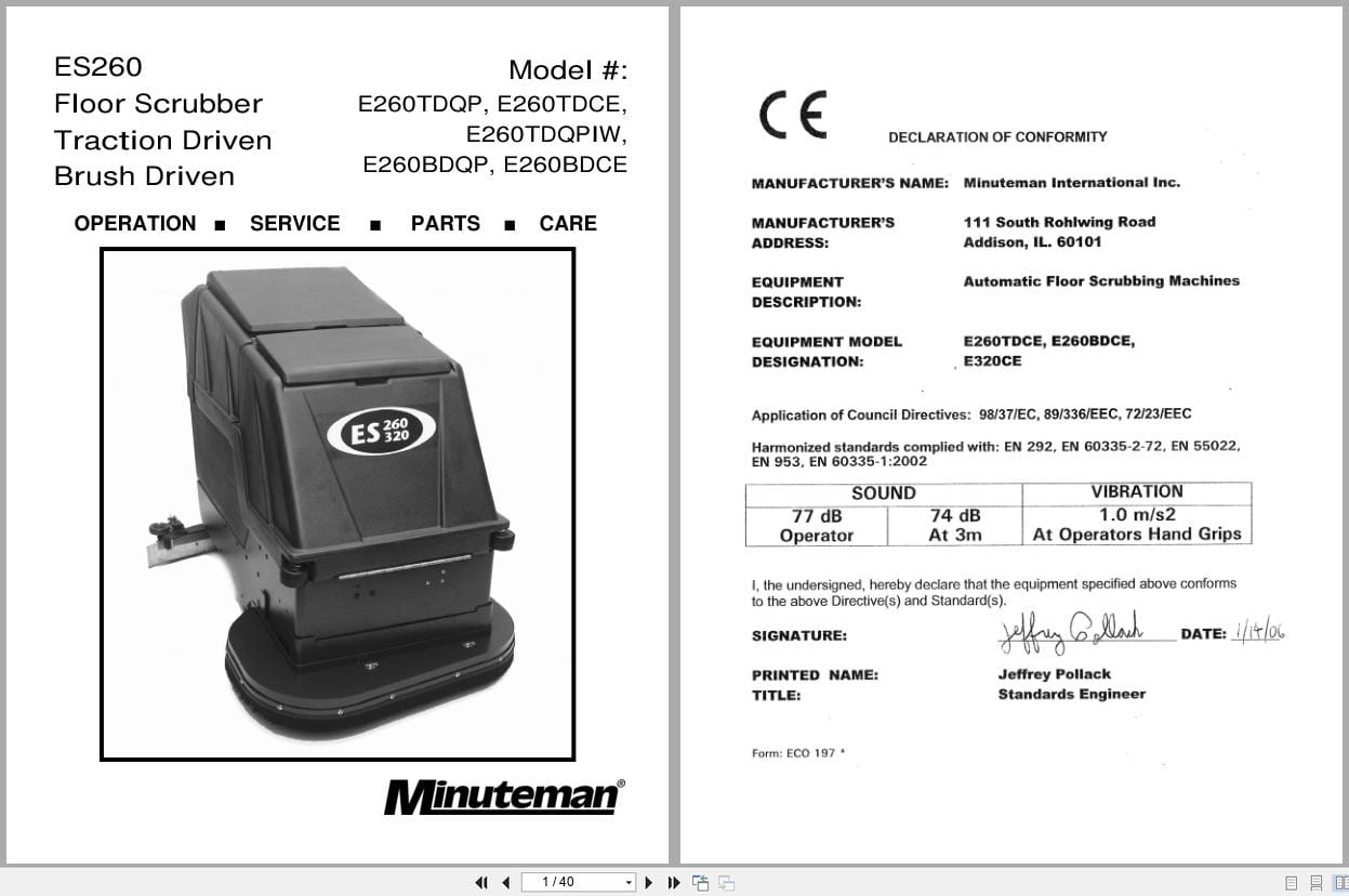 Minuteman Walk Behind Scrubber E260 ES260 Operation Service Parts Instructions Manual (1)
