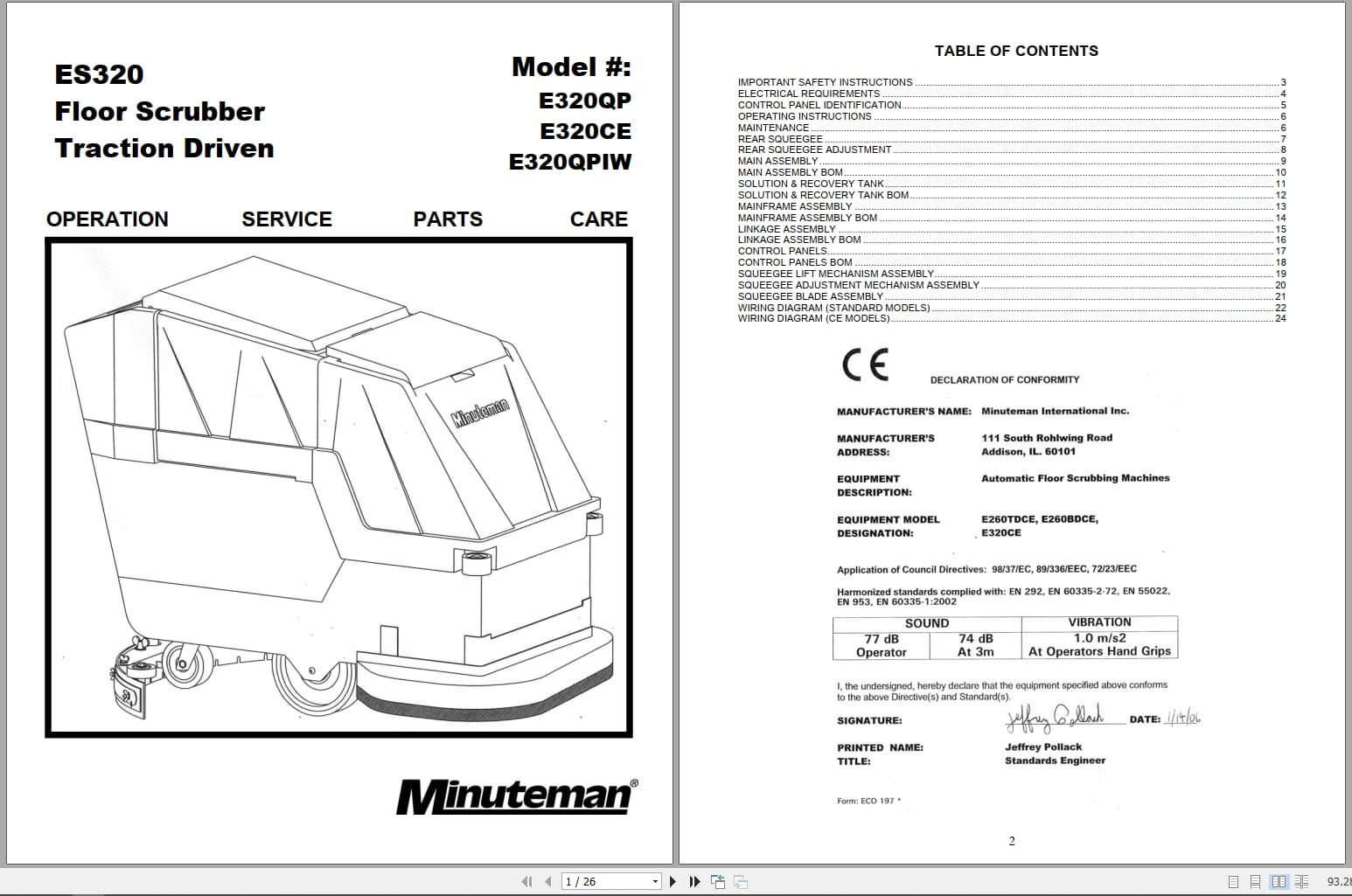 Minuteman Walk Behind Scrubber E320 ES320 Operation Service Parts Instructions Manual (1)