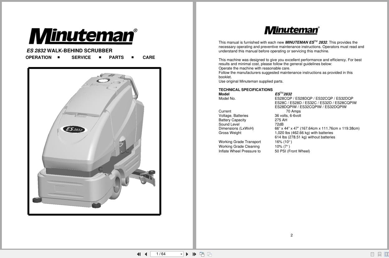 Minuteman Walk Behind Scrubber ES 2832 Series Operation Service Parts Care (1)