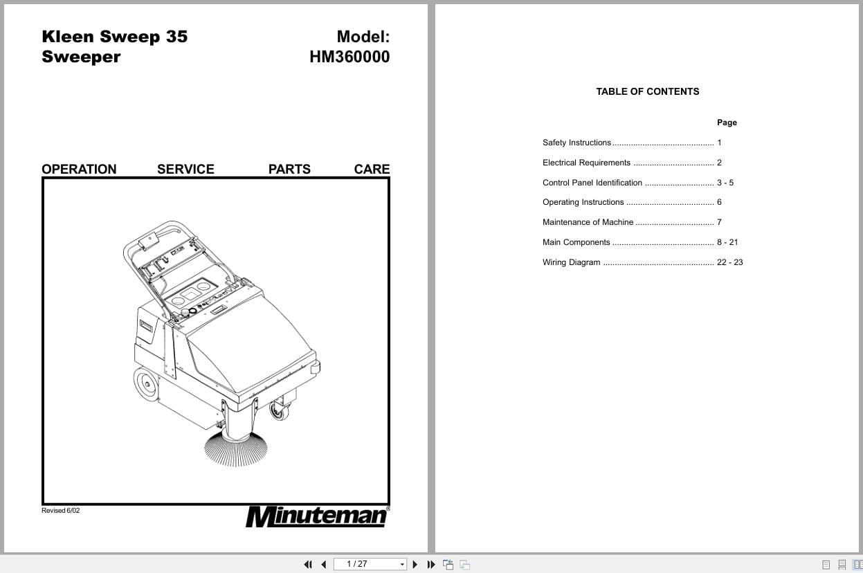 Minuteman Walk Behind Sweeper Kleen Sweep 35 HM360000 Operation Service Parts 984006 (1)