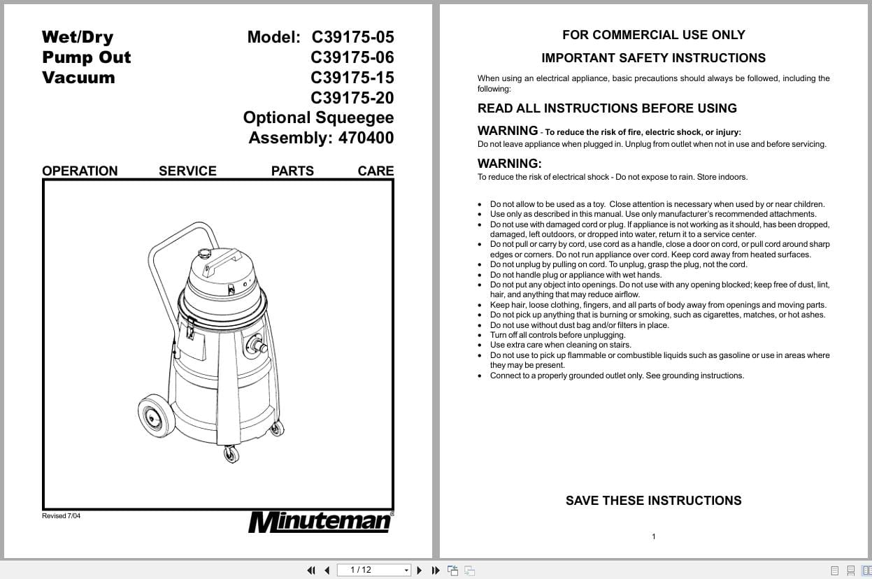 Minuteman Wet Dry Pump Out Vacuum C39175 Operation Service Parts 987575 2004 (1)
