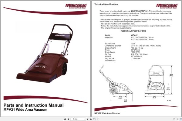 Minuteman Wide Area Vacuum MPV31 C27120 00 C27230 00 Parts And Instruction Manual (1) Minuteman Wide Area Vacuum Mpv31 C27120 00 C27230 00 Parts And Instruction Manual (1)