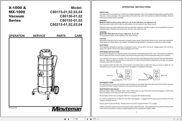 Minuteman X 1000 Mx 1000 Vacuum C80115 01 To C80215 04 Operation Service Parts 987804 (1)