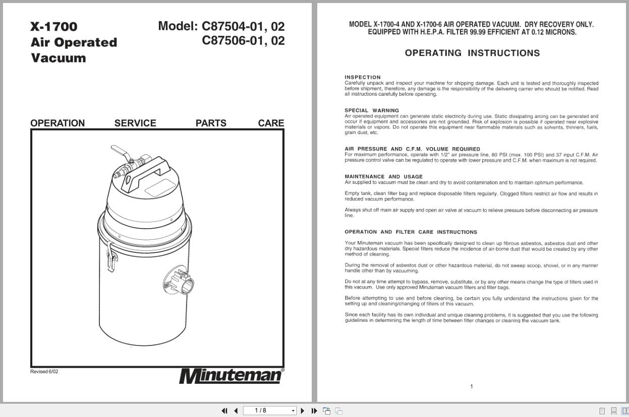 Minuteman X 1700 Vacuum C87504 01 To C87506 02 Operation Service Parts 987724 2002 (1)