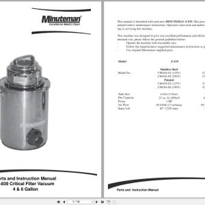 Minuteman X 839 Vacuum C80104 01 To C80106 04 Parts Instruction Manual 987809 2007 (1)