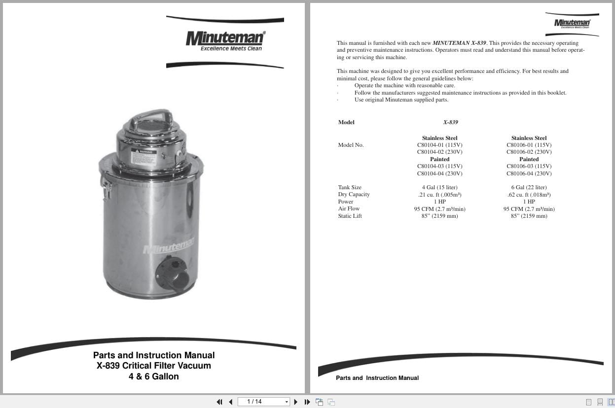 Minuteman X 839 Vacuum C80104 01 To C80106 04 Parts Instruction Manual 987809 2007 (1)
