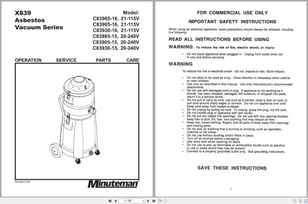 Minuteman X839 Asbestos Vacuum C83985 16 To C83930 20 Operation Service Parts 987796 (1)