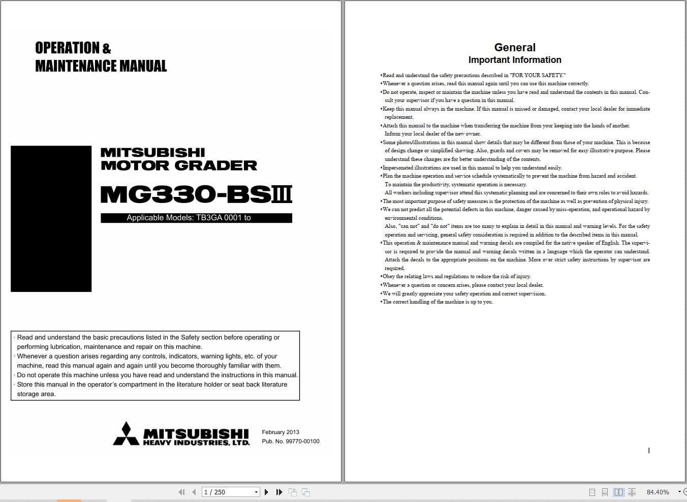 Mitsubishi Motor Grader MG330 BSII Operation Maintenance Manual 99770 00100 (1)