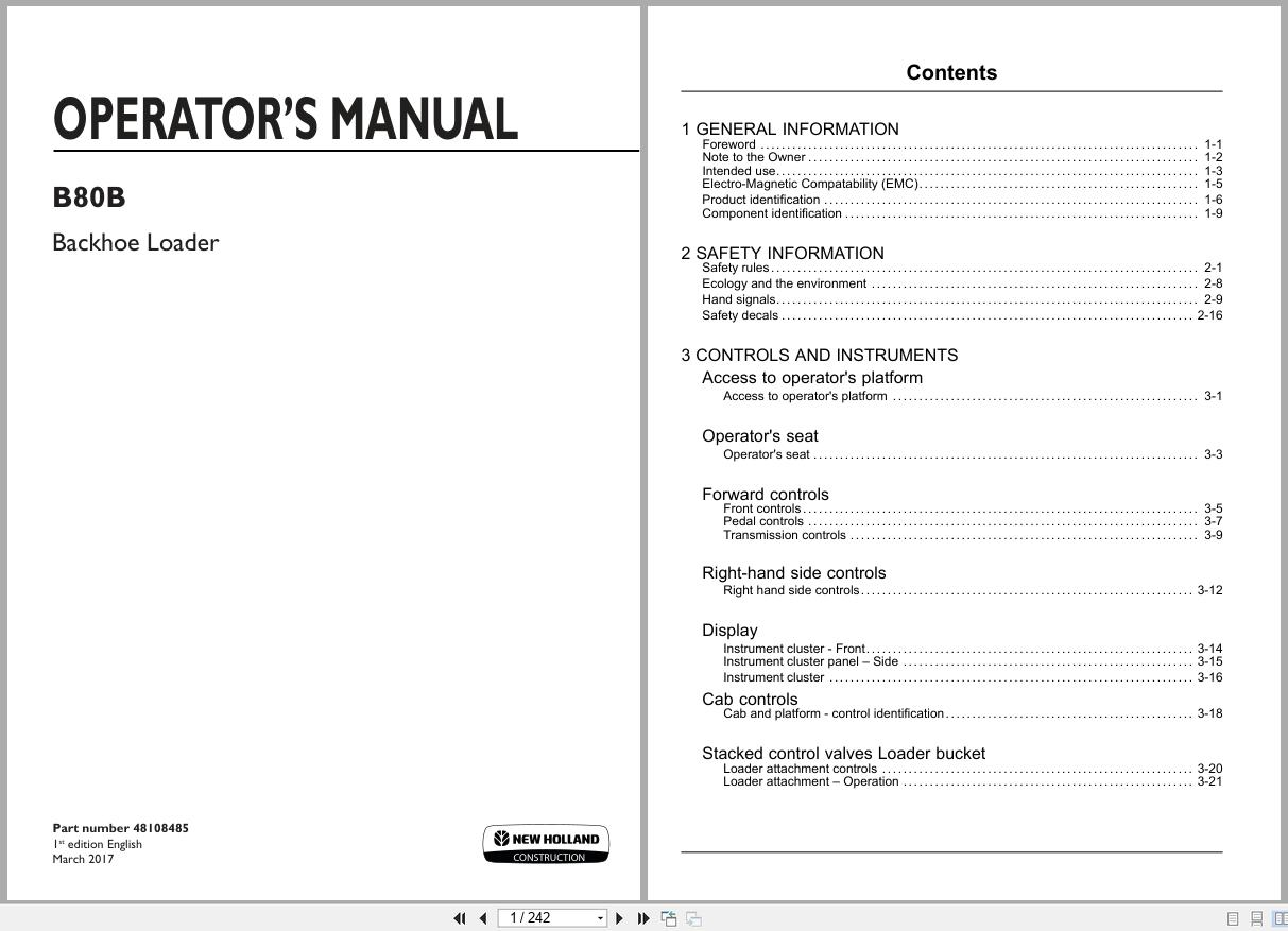 New Holland Backhoe Loader B80B Operators Manual 48108485 2017 (1)
