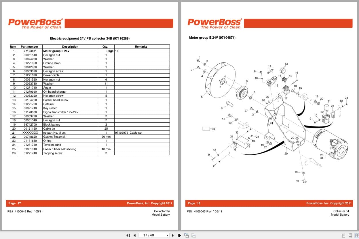 PowerBoss Battery Battery Sweeper Collector 34 Parts Catalog 4100045 2011