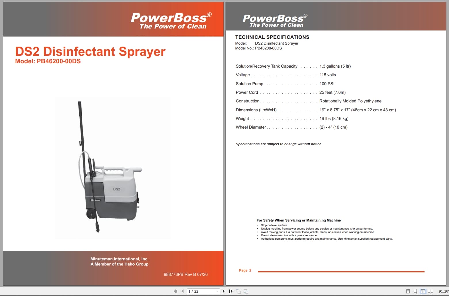 PowerBoss Disinfectant Sprayer PB46200 00DS Operation Service Parts 988773PB 2020 (1)