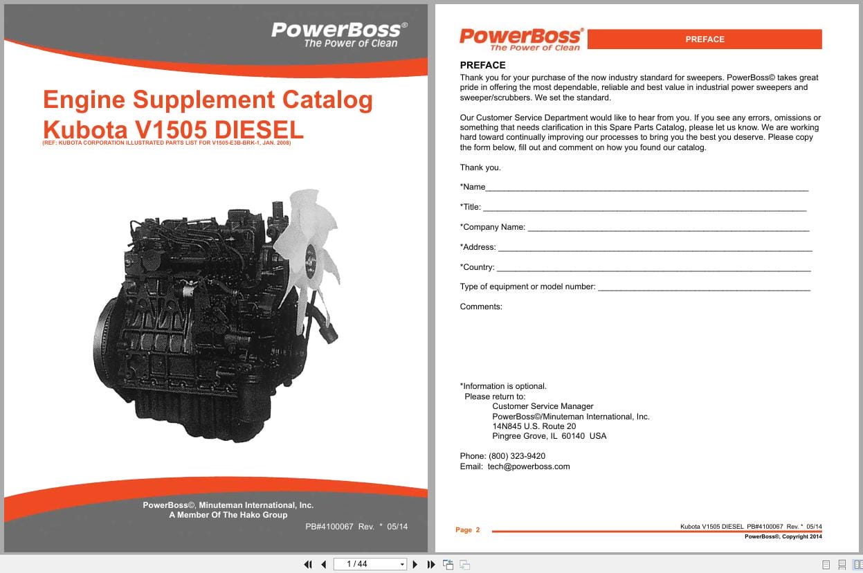 PowerBoss Kubota Engine V1505 Supplement Parts Catalog 4100067 2014 (1)