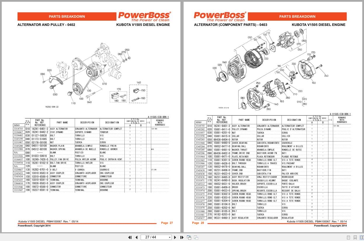 PowerBoss Kubota Engine V1505 Supplement Parts Catalog 4100067 2014 (2)
