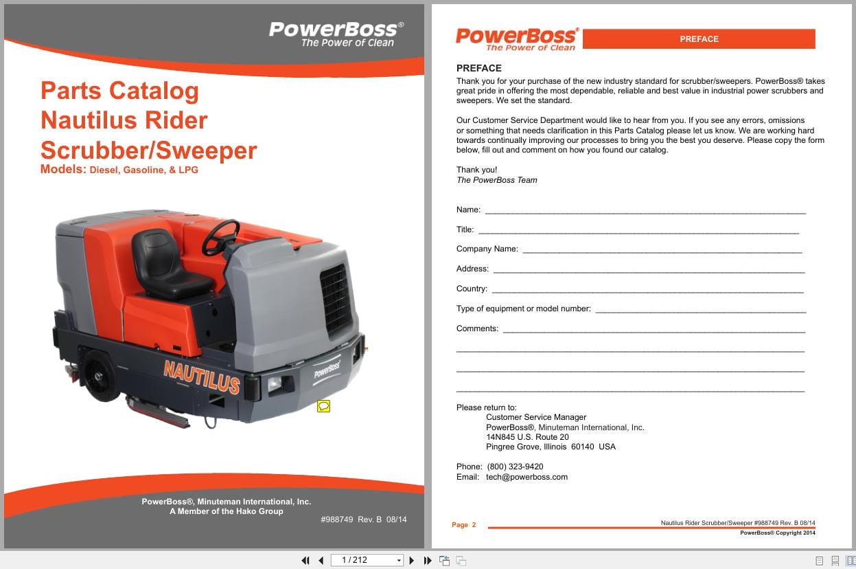PowerBoss Nautilus Sweeper PB45DSL PB45GAS PB45LPG Parts Catalog 988749 2014 (1)