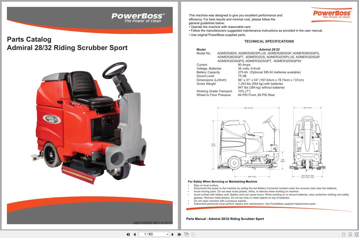PowerBoss Rider Scrubber Admiral 28 32 Sport Parts Catalog User Manual (1)