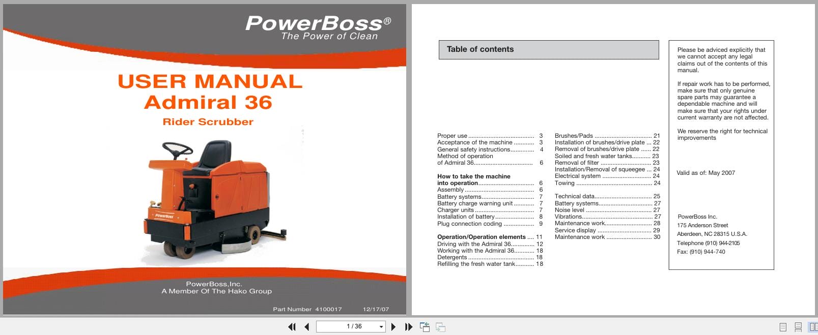 PowerBoss Rider Scrubber Admiral 36 User Manual 4100017 2007 (1)