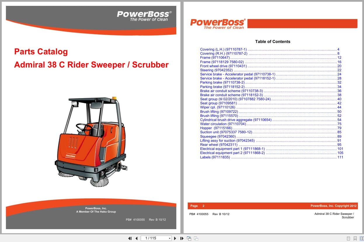 PowerBoss Rider Sweeper Admiral 38C Parts Catalog 4100055 2012 (1)