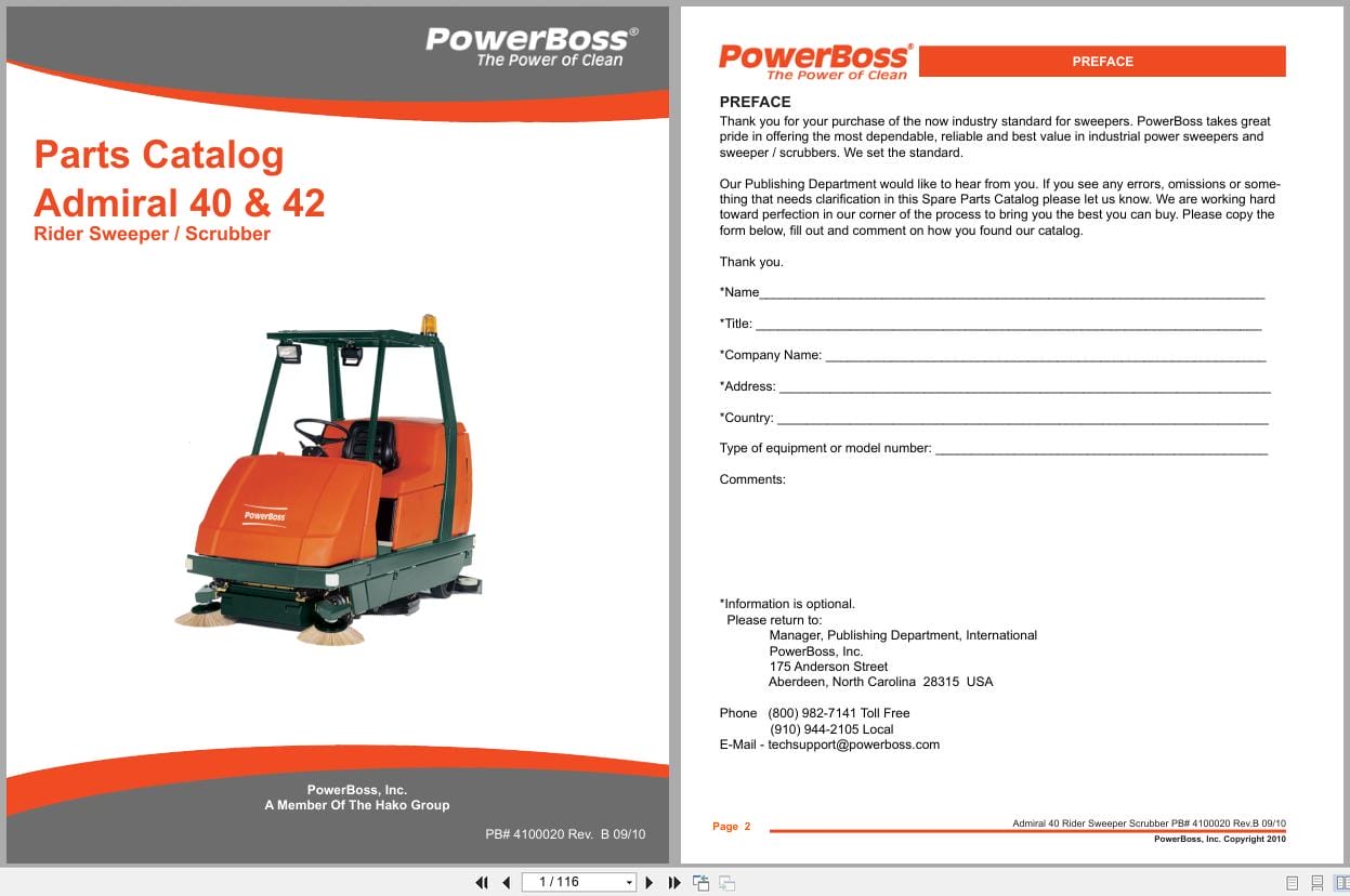 PowerBoss Rider Sweeper Admiral 40 42 Parts Catalog 4100020 2010 (1)