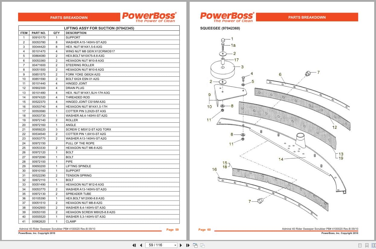 PowerBoss Rider Sweeper Admiral 40 42 Parts Catalog 4100020 2010 (2)