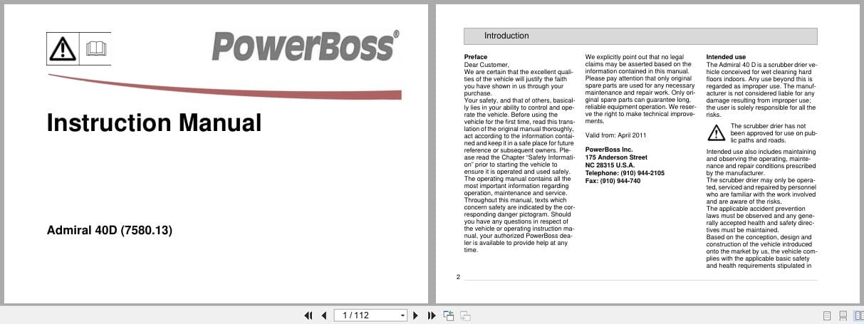 PowerBoss Rider Sweeper Admiral 40D Instruction Manual 88 10 2980 (1)
