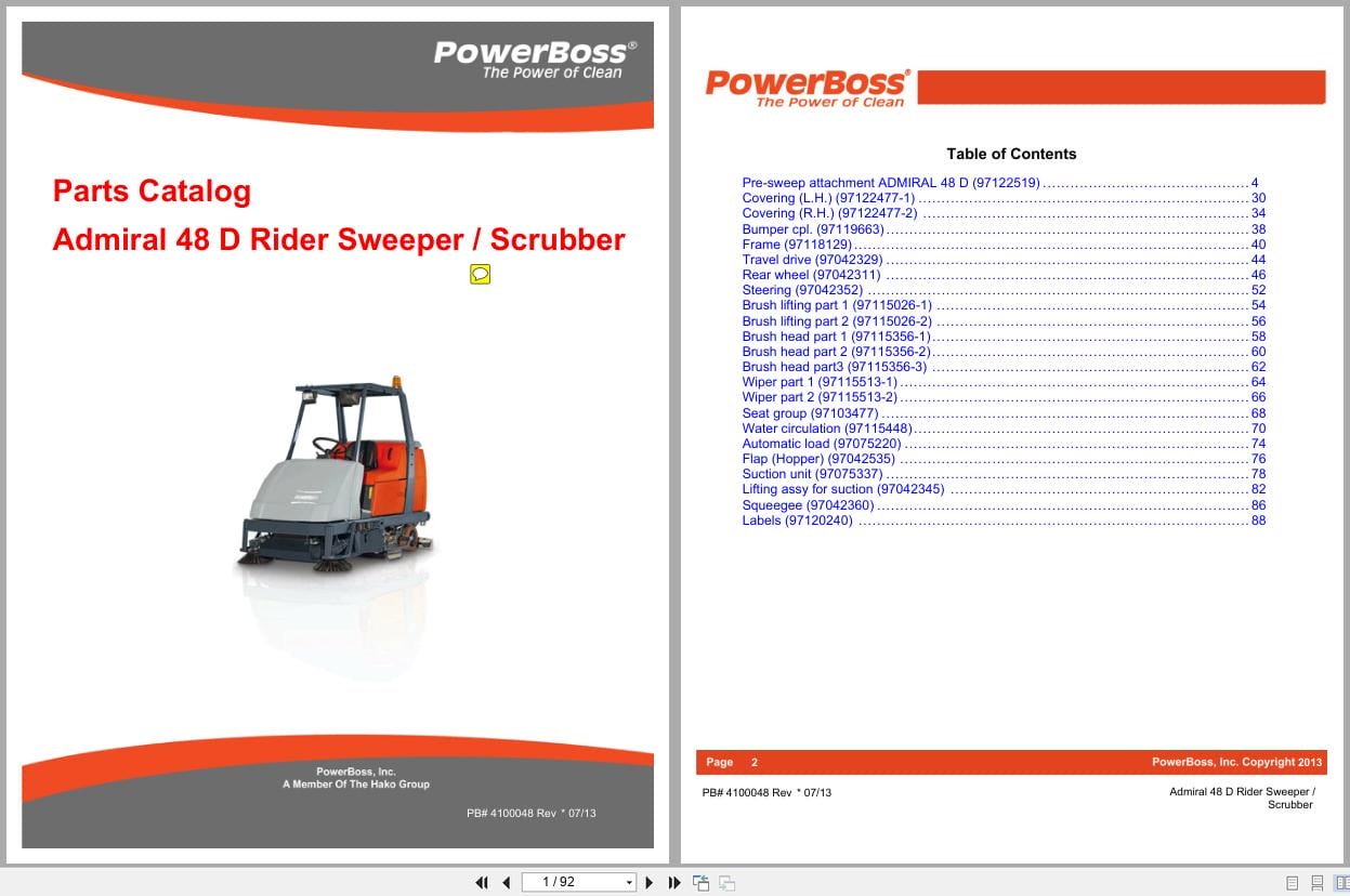 PowerBoss Rider Sweeper Admiral 48D Parts Catalog 4100048 2013 (1)