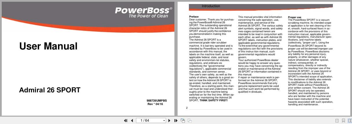 PowerBoss Riding Scrubber Admiral 26 SPORT User Manual 988726UMPBS 2016 (1)