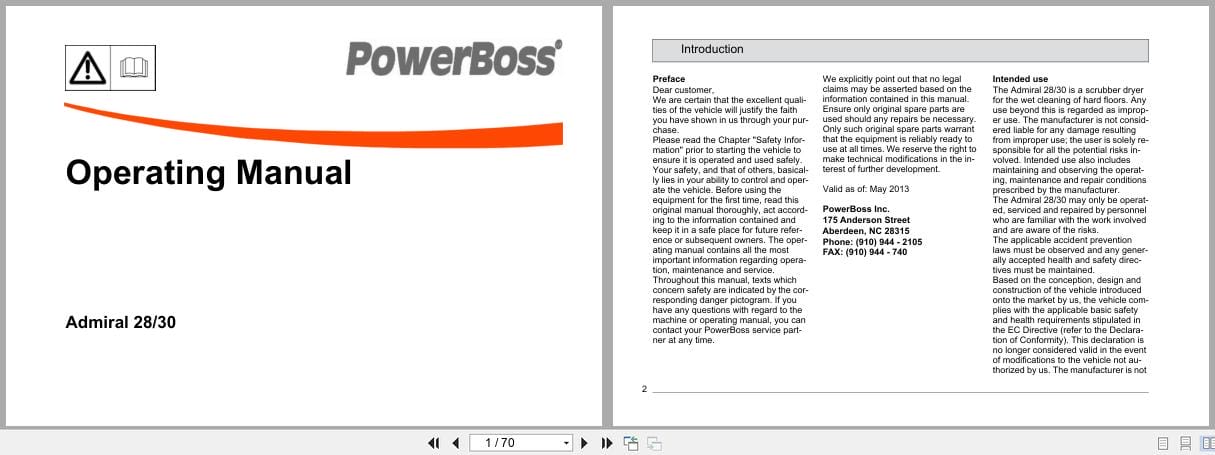 PowerBoss Riding Scrubber Admiral 28 30 Operating Manual 88 10 2952 2824 03 2016 (1)
