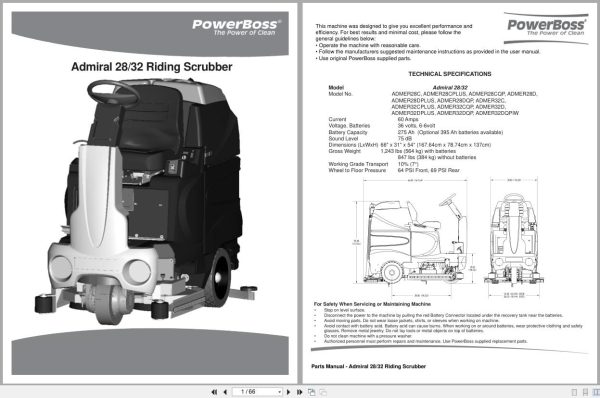 Powerboss Riding Scrubber Admiral 28 32 Parts Manual Wiring Diagram 988739Pb 2012 (1)
