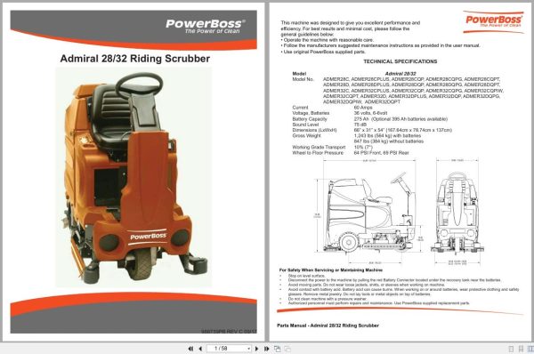 Powerboss Riding Scrubber Admiral 28 32 Parts Manual Wiring Diagram 988739Pb 2017 (1)