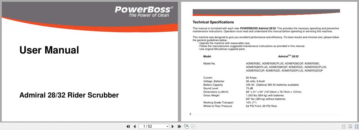 PowerBoss Riding Scrubber Admiral 28 32 User Manual 988739umpb 2010 (1)