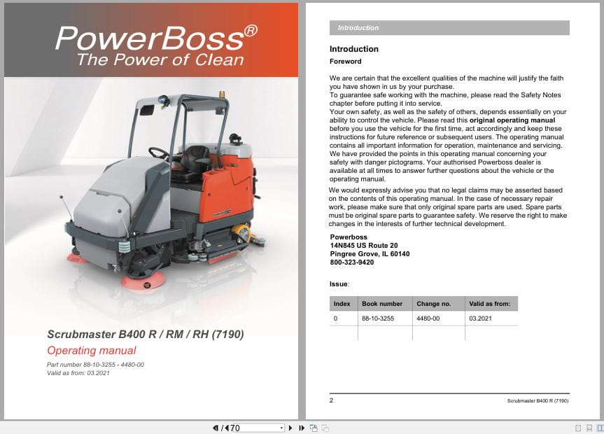 PowerBoss Scrubber B400R B400RM B400RH Operating Manual 88 10 3255 4480 00 2021 (1)